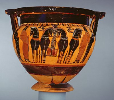 Attische zwartfigurige kolomkrater versierd met een vierspan menner, door de Schilder van Louvre F6, uit Gela, ca. 575-550 v.Chr. door Greek